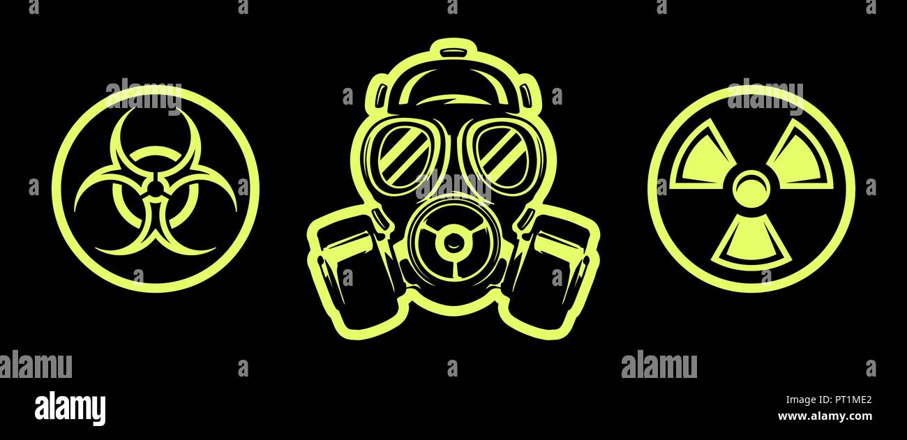 Maschera a gas e canta di pericolo isolato su sfondo nero. Respiratore. Segno di radiazione. Segnale di rischio biologico Illustrazione Vettoriale