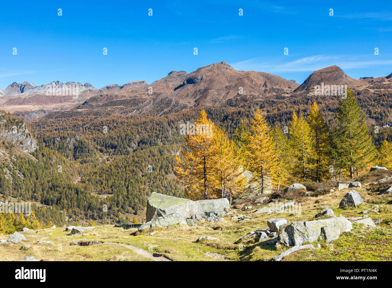 Vista dell'Alpe Veglia e Alpe Devero Parco naturale nella stagione autunnale dalla valle Buscagna (Alpe Devero, Baceno, Verbano Cusio Ossola provincia, Piemonte, Italia, Europa) Foto Stock