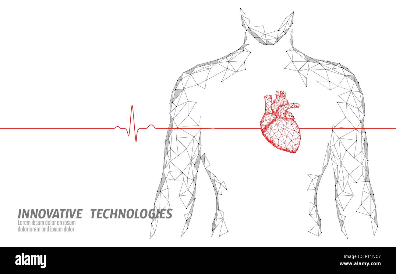 Silhouette uomo sano cuore batte 3d modello di medicina a bassa poli. Triangolo di punti collegati glow punto medico online. Impulso corpo interno moderne tecnologie innovative rendono illustrazione vettoriale Illustrazione Vettoriale