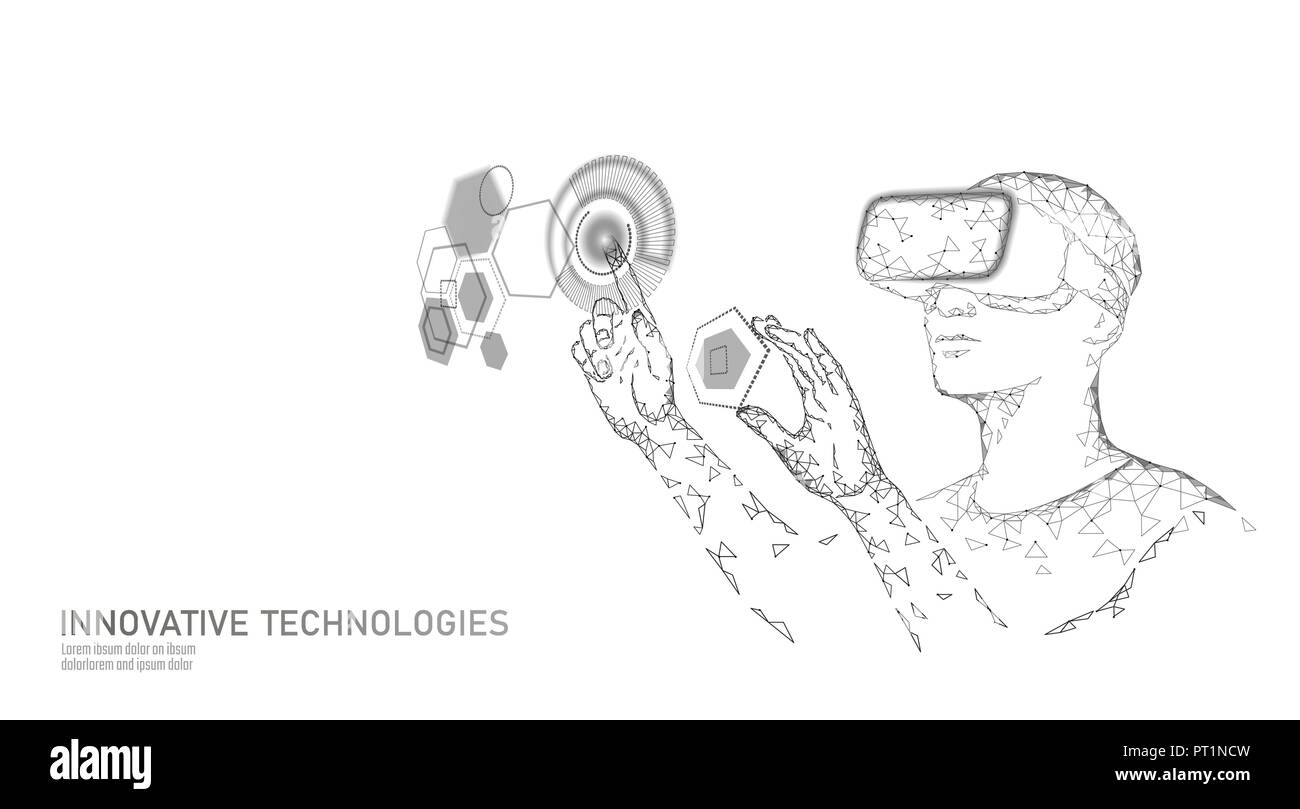 Virtual augmented reality casco bassa poli. Innovazione media entertainment concetto poligonale. HUD display utente controllo digitale del pannello della scienza. Uomo computer di lavoro di analisi dei dati illustrazione vettoriale Illustrazione Vettoriale