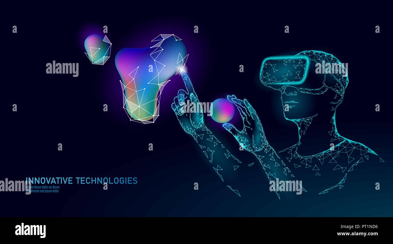 Virtual augmented reality casco bassa poli. Innovazione media entertainment concetto poligonale. Neon gradiente liquido di controllo digitale del pannello della scienza. Uomo computer di lavoro di analisi dei dati illustrazione vettoriale Illustrazione Vettoriale