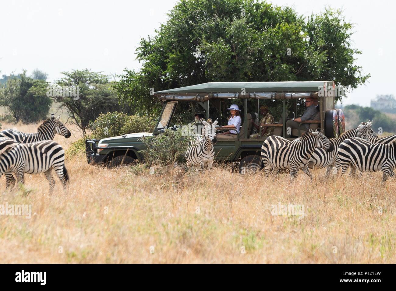 Kenya. 05 ott 2018. U.S prima signora Melania Trump indossando un albedo bianco casco viste le zebre come Lei viaggia in una terra-cruiser durante un safari tour del Parco Nazionale di Nairobi e con la sua guida Nelly Palmeris, seduto dietro, 5 ottobre 2018a Nairobi in Kenya. La First Lady del suo primo solista viaggio internazionale è stata criticata per indossare il casco del midollo, lungo un simbolo della western colonialists in Africa. Credito: Planetpix/Alamy Live News Foto Stock