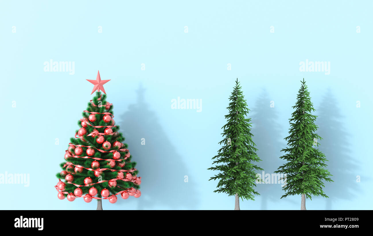 Il rendering 3D, l'albero di Natale con abeti su sfondo blu Foto Stock