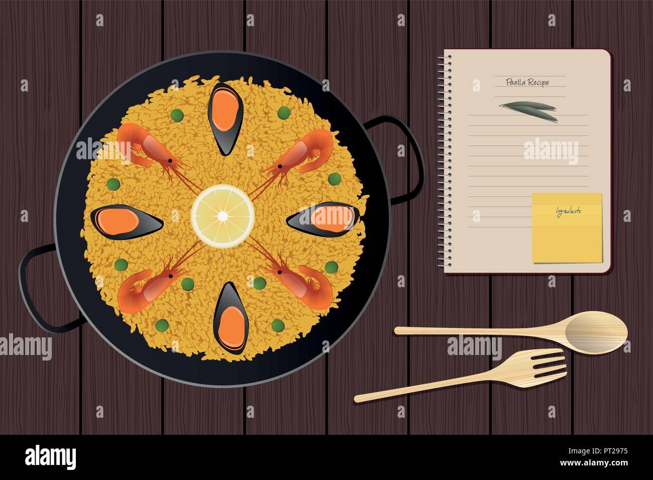 Tipica paella spagnola con gamberi e cozze. Ricetta per notebook Illustrazione Vettoriale
