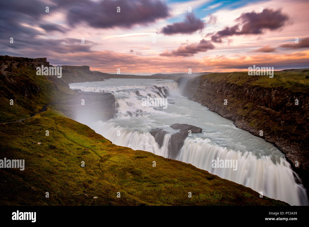 Gullfoss al tramonto, Golden Circle, Islanda Foto Stock