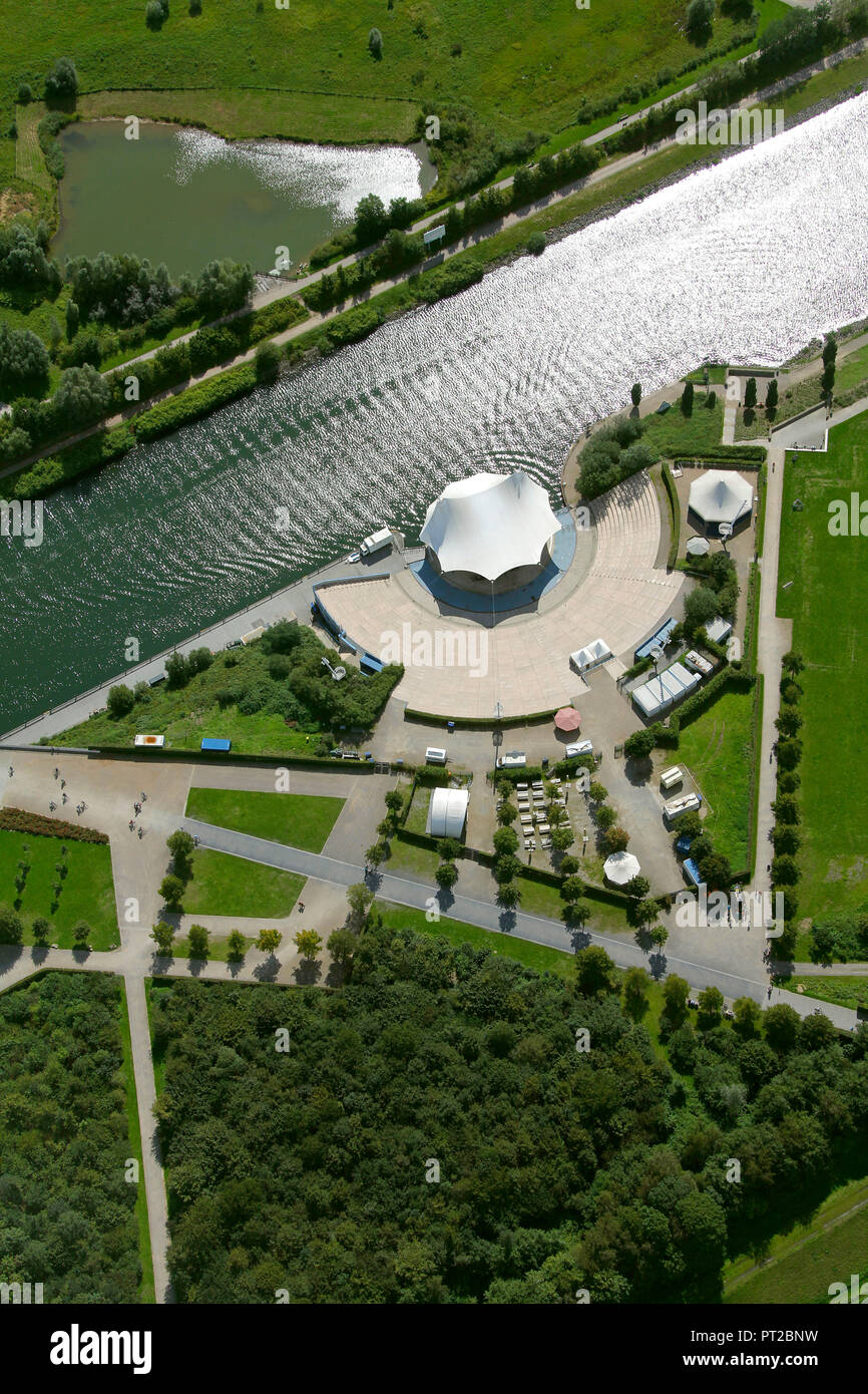 Vista aerea, Emscher Arte, N55 Ioni Ingvil Sørvin H. Aarbakke, casa a piedi, Emscher Isola, Nordsternpark Gelsenkirchen, Gelsenkirchen, zona della Ruhr, Renania settentrionale-Vestfalia, Germania, Europa Foto Stock