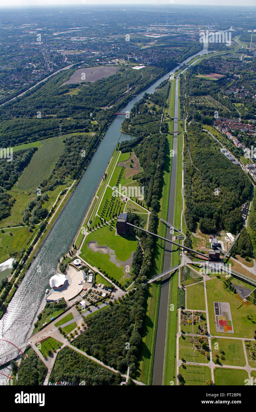 Vista aerea, Emscher Arte, N55 Ioni Ingvil Sørvin H. Aarbakke, casa a piedi, Emscher Isola, Nordsternpark Gelsenkirchen, Gelsenkirchen, zona della Ruhr, Renania settentrionale-Vestfalia, Germania, Europa Foto Stock