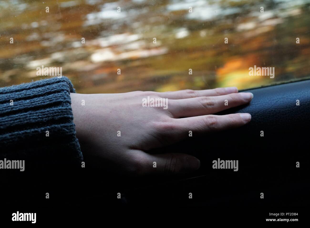 Una mano appoggiata accanto a una finestra durante un lungo viaggio in auto, trasportati attraverso strade di campagna come foglie di autunno blur passato. Foto Stock