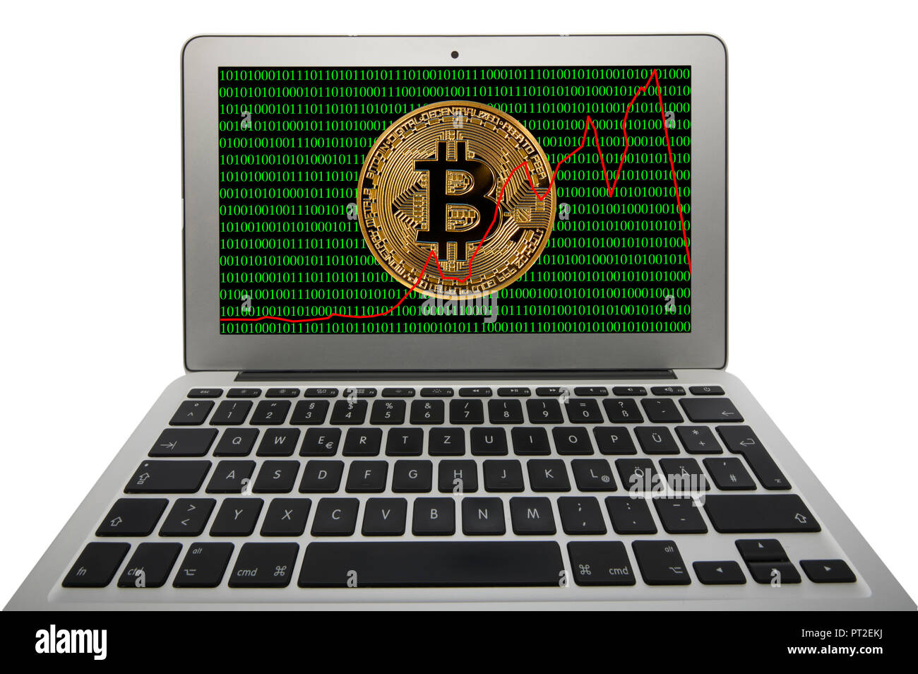 Immagine simbolo della turbolenza, volatilità prezzo stock valuta digitale, golden moneta fisica Bitcoin portatile con digitale codice binario Foto Stock