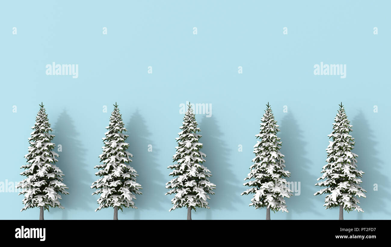 3D rendering, Fila di coperta di neve abeti blu su sfondo Foto Stock