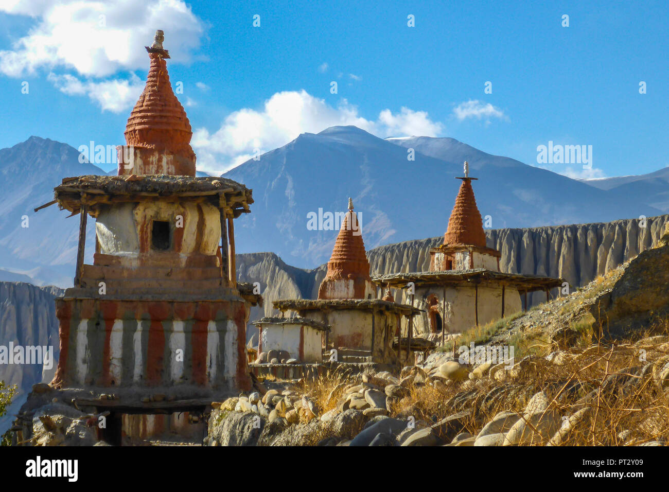 Il Nepal, l'Himalaya, Mustang distretto, Annapurna circuito, Mustang Superiore Trek, Kali Gandaki, Tangye, Chorten, Foto Stock