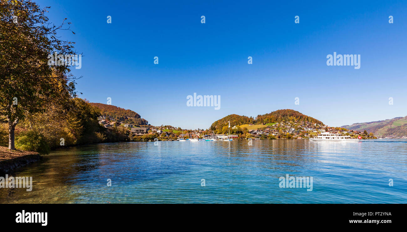 La Svizzera, Canton Berna Oberland Bernese, alpi svizzere, il lago di Thun, Faulensee, barca per gite Foto Stock