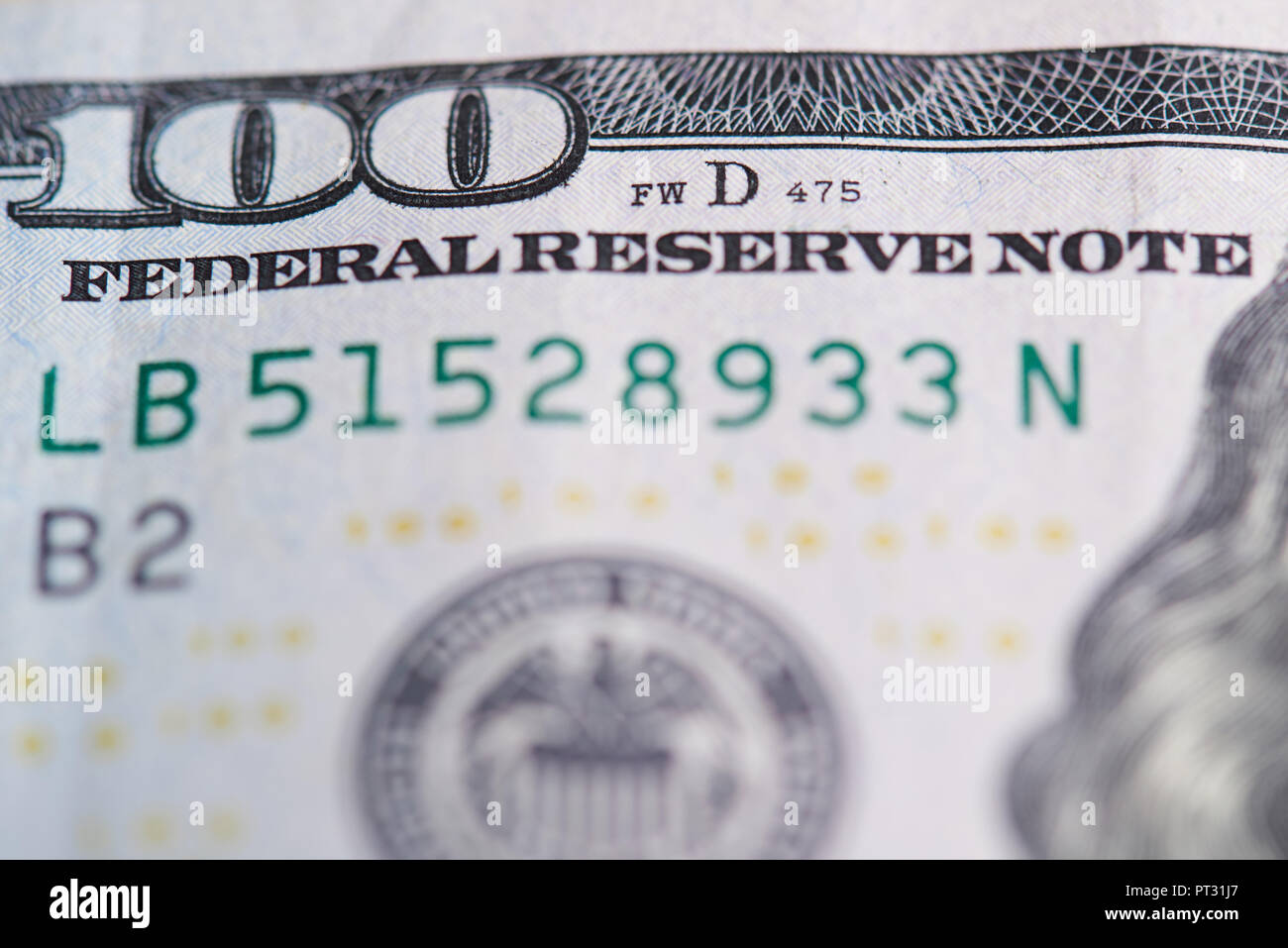 La Riserva federale statunitense nota tema. Vista ravvicinata di centinaia di dollari Foto Stock