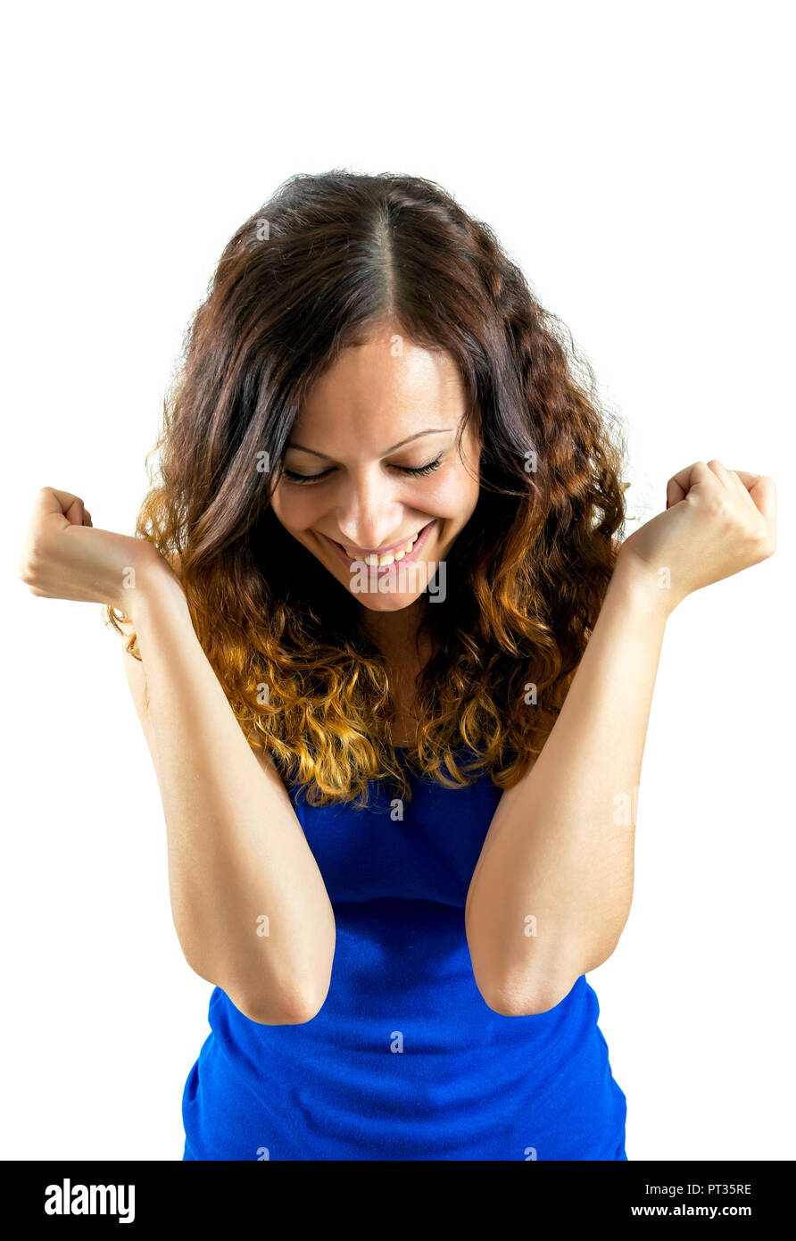 Sorpresa eccitato felice urlando donna isolato. La donna allegra vincitrice ha scioccato su vincere con divertente gioiosa espressione del volto. Foto Stock