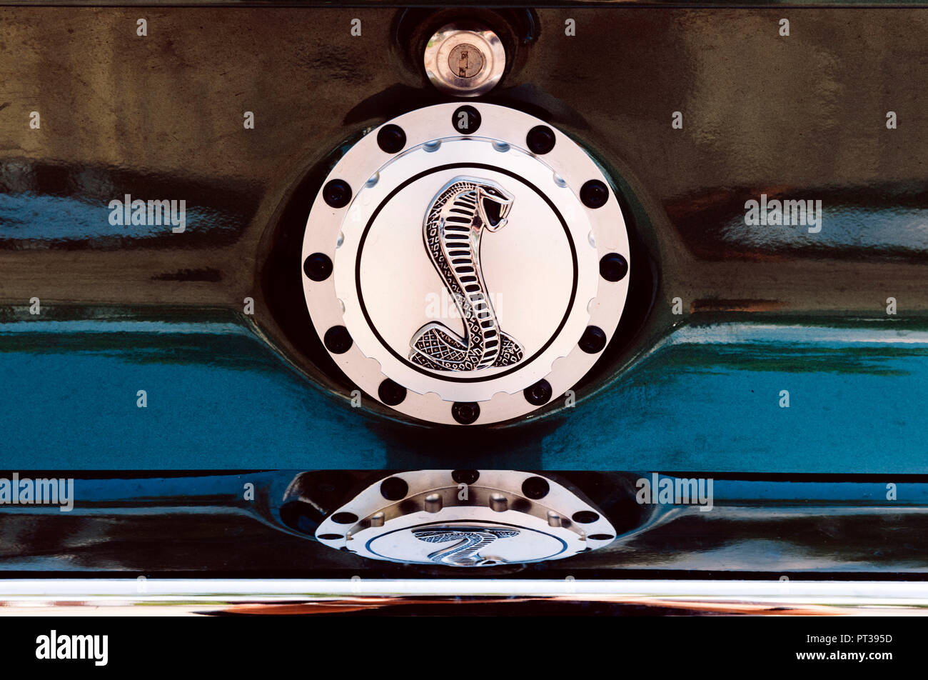 Ford Mustang Shelby Cobra, emblema, siamo Auto, Classic Car, auto d'epoca, dettaglio Foto Stock