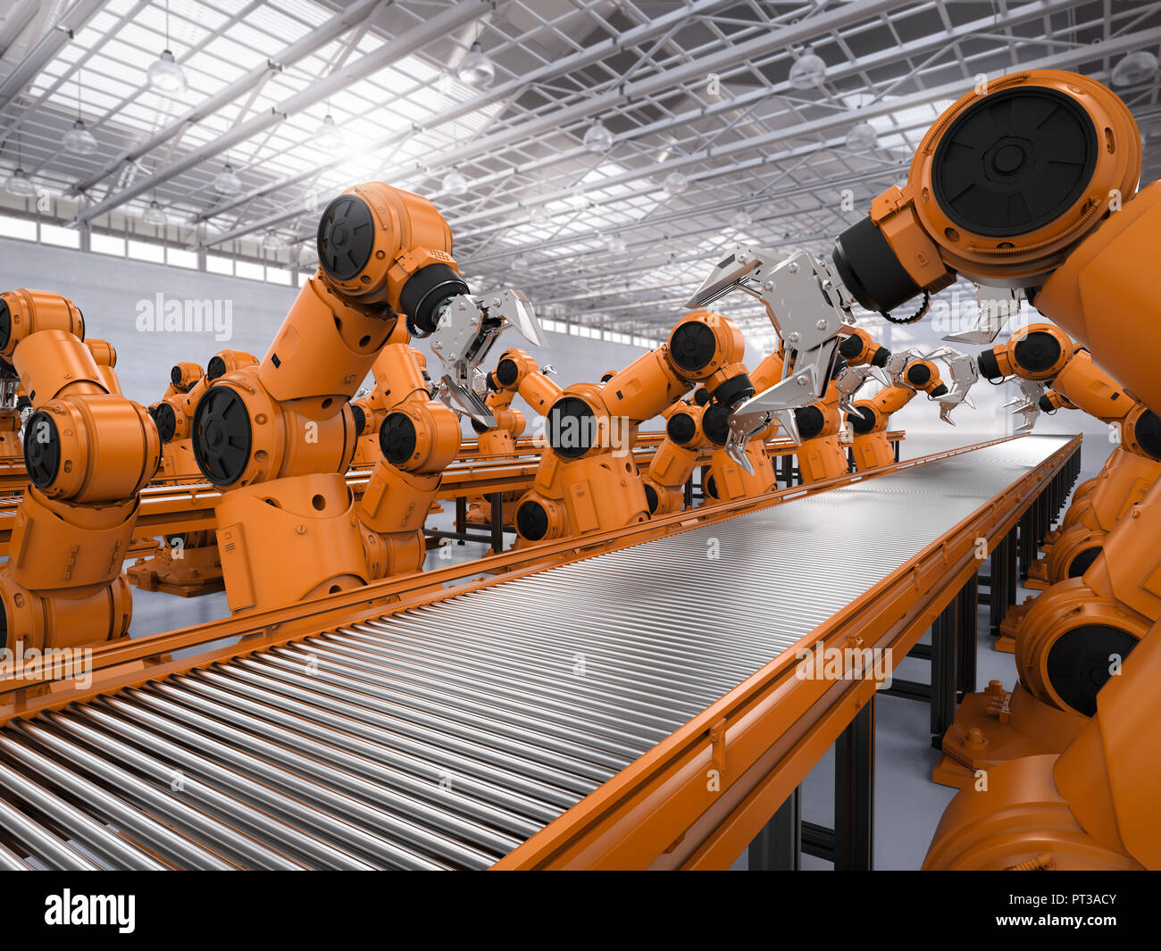 Automazione industriale concetto con 3D rendering robot linea di montaggio  in fabbrica Foto stock - Alamy