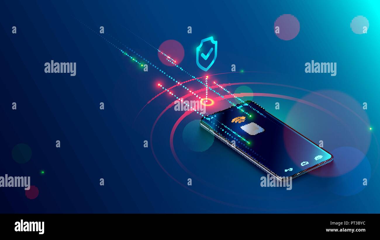 Pagamento mobile concetto banner isometrica. Sicurezza e protezione di pagamento contactless o via telefono cellulare con nfc chip. Lo shopping tramite smartphone con vicino il campo Scheda di comunicazione Illustrazione Vettoriale