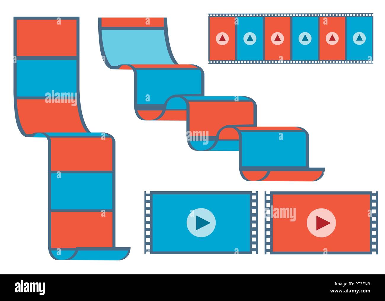 Digitale pellicola colorata striscia con icona Riproduci. Concept design per il giocatore online o il cinema. Piatta striscia verticale. Illustrazione di vettore isolato su bianco bac Illustrazione Vettoriale