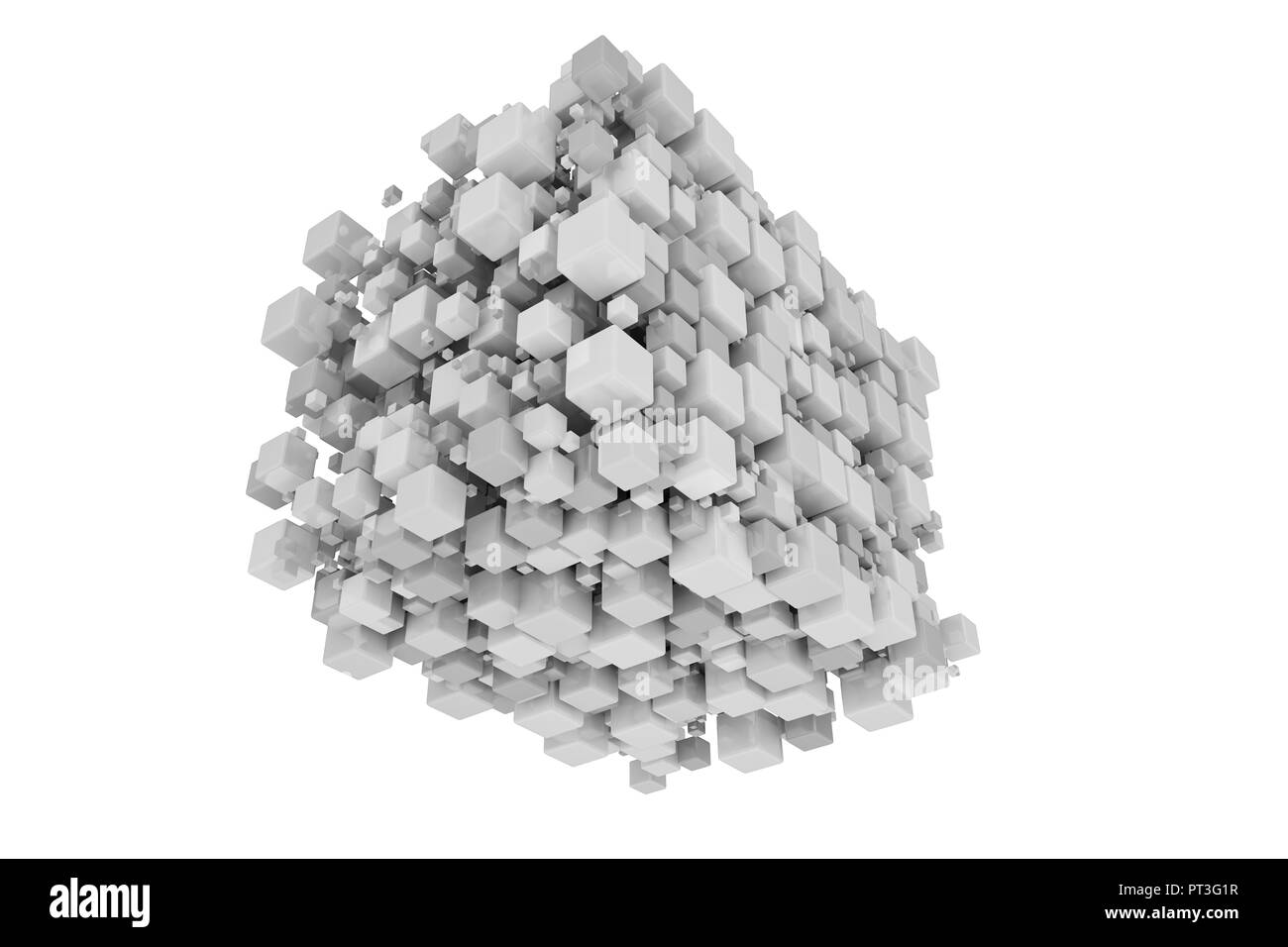 Cluster di 3d cubi in dimensioni differenti isolati su sfondo bianco Foto Stock