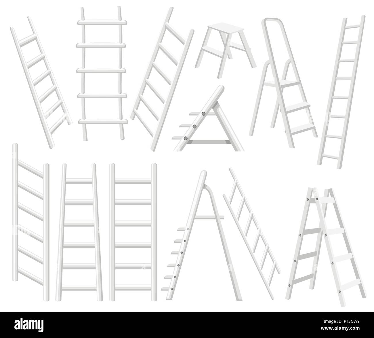 Raccolta di scale di metallo. Diversi tipi di scale a gradini. Piatto illustrazione vettore isolato su sfondo bianco. Illustrazione Vettoriale