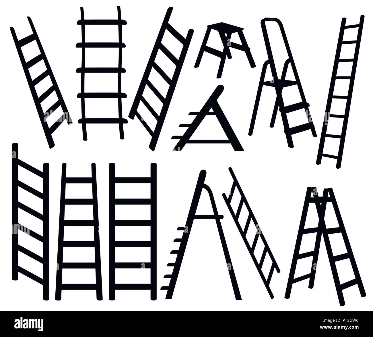 Silhouette nera. Raccolta di scale di metallo. Diversi tipi di scale a gradini. Piatto illustrazione vettore isolato su sfondo bianco. Illustrazione Vettoriale