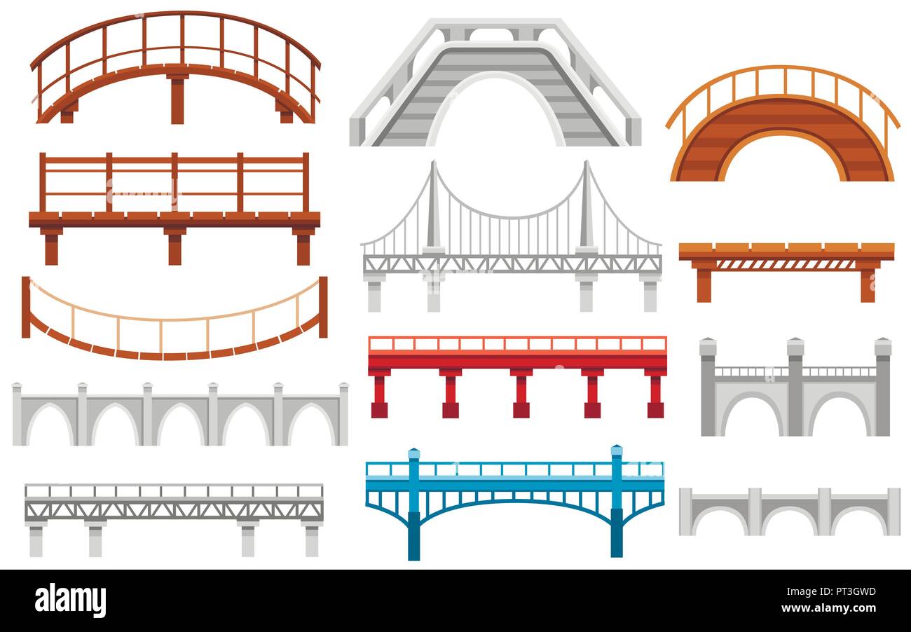 Raccolta di diversi ponti. Città Architettura icona piatta. Illustrazione di vettore isolato su sfondo bianco. Illustrazione Vettoriale