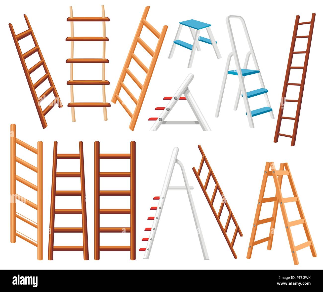 Raccolta di metallo e scale in legno. Diversi tipi di scale a gradini. Piatto illustrazione vettore isolato su sfondo bianco. Illustrazione Vettoriale