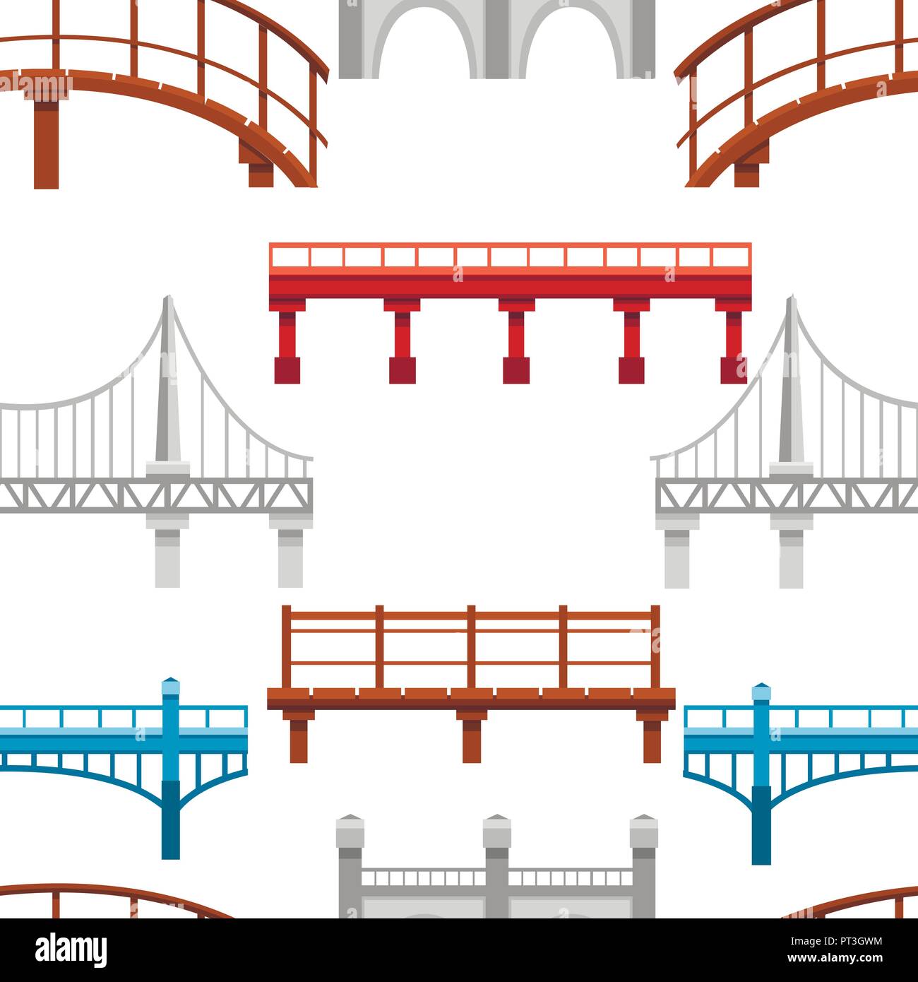 Modello senza giunture. Raccolta di diversi ponti. Città Architettura icona piatta. Illustrazione Vettoriale su sfondo bianco. Illustrazione Vettoriale
