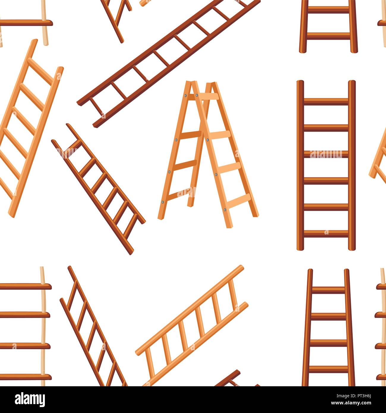 Modello senza giunture. Raccolta di scale in legno. Diversi tipi di scale a gradini. Appartamento illustrazione vettoriale su sfondo bianco. Illustrazione Vettoriale