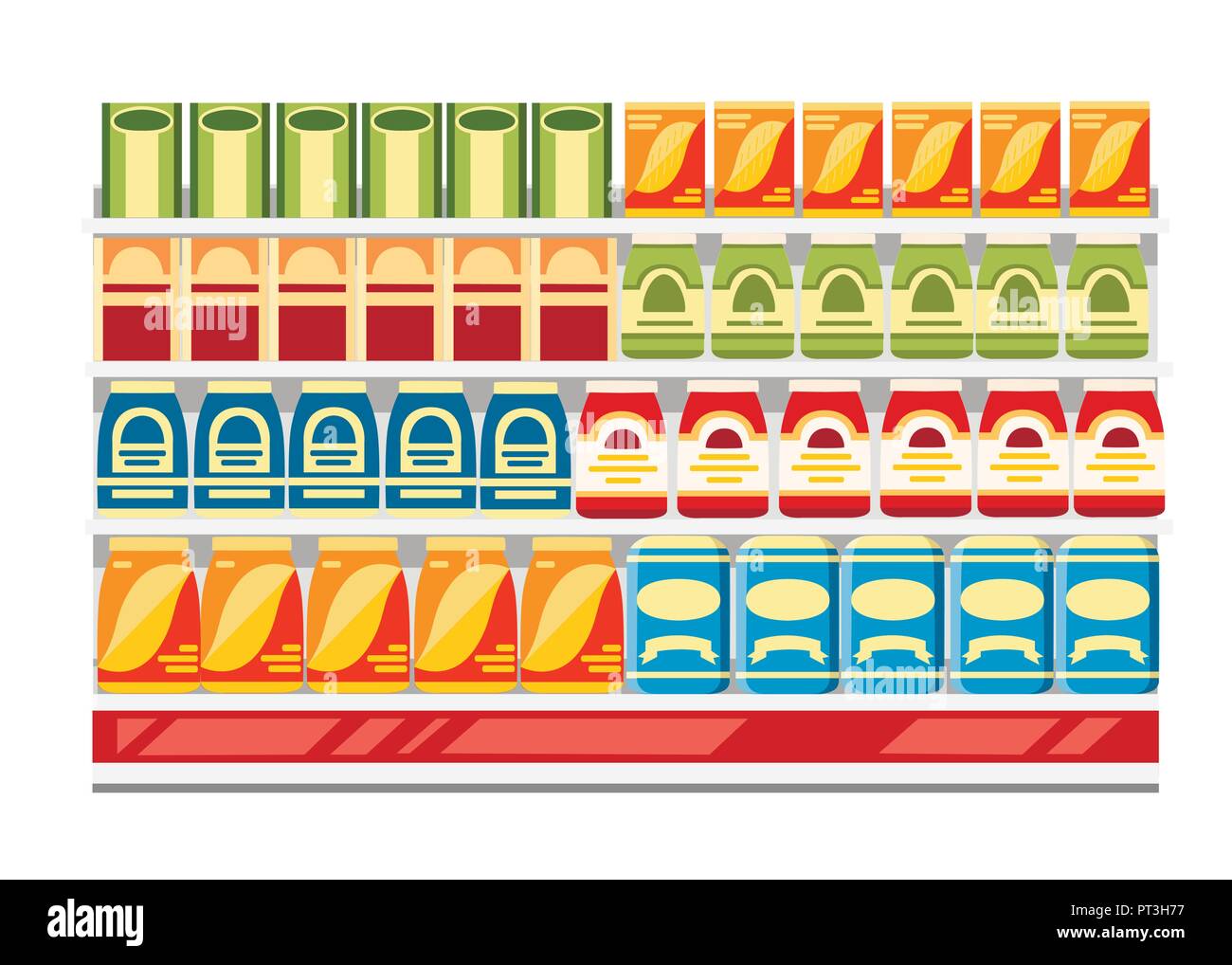 Scaffali del supermercato con prodotti. Scatole di carta con il cibo. Piatto illustrazione vettore isolato su sfondo bianco. Illustrazione Vettoriale