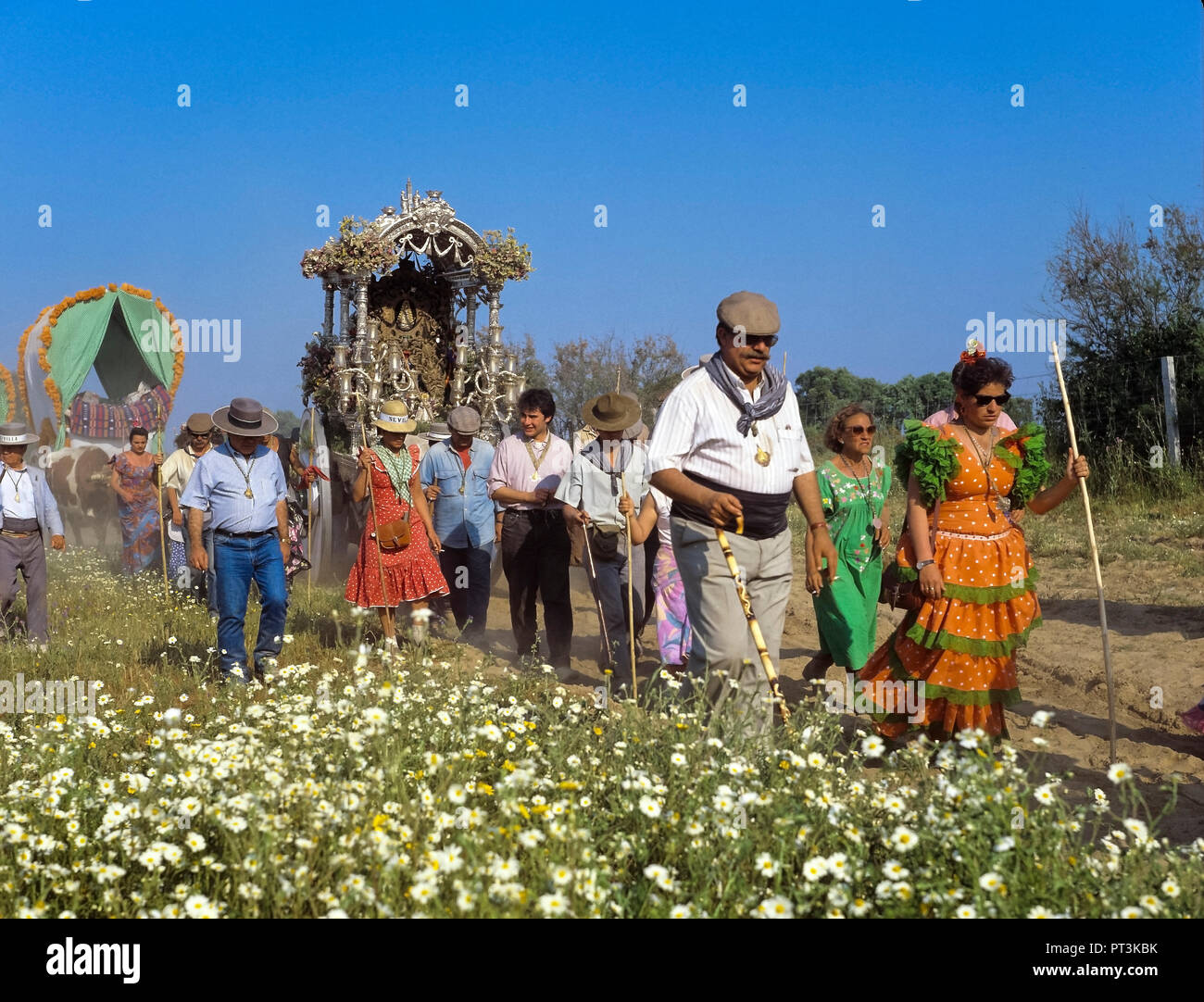 Pellegrinaggio Virgen del Rocio. La Fraternità di Siviglia. La provincia di Huelva. Regione dell'Andalusia. Spagna. Europa Foto Stock
