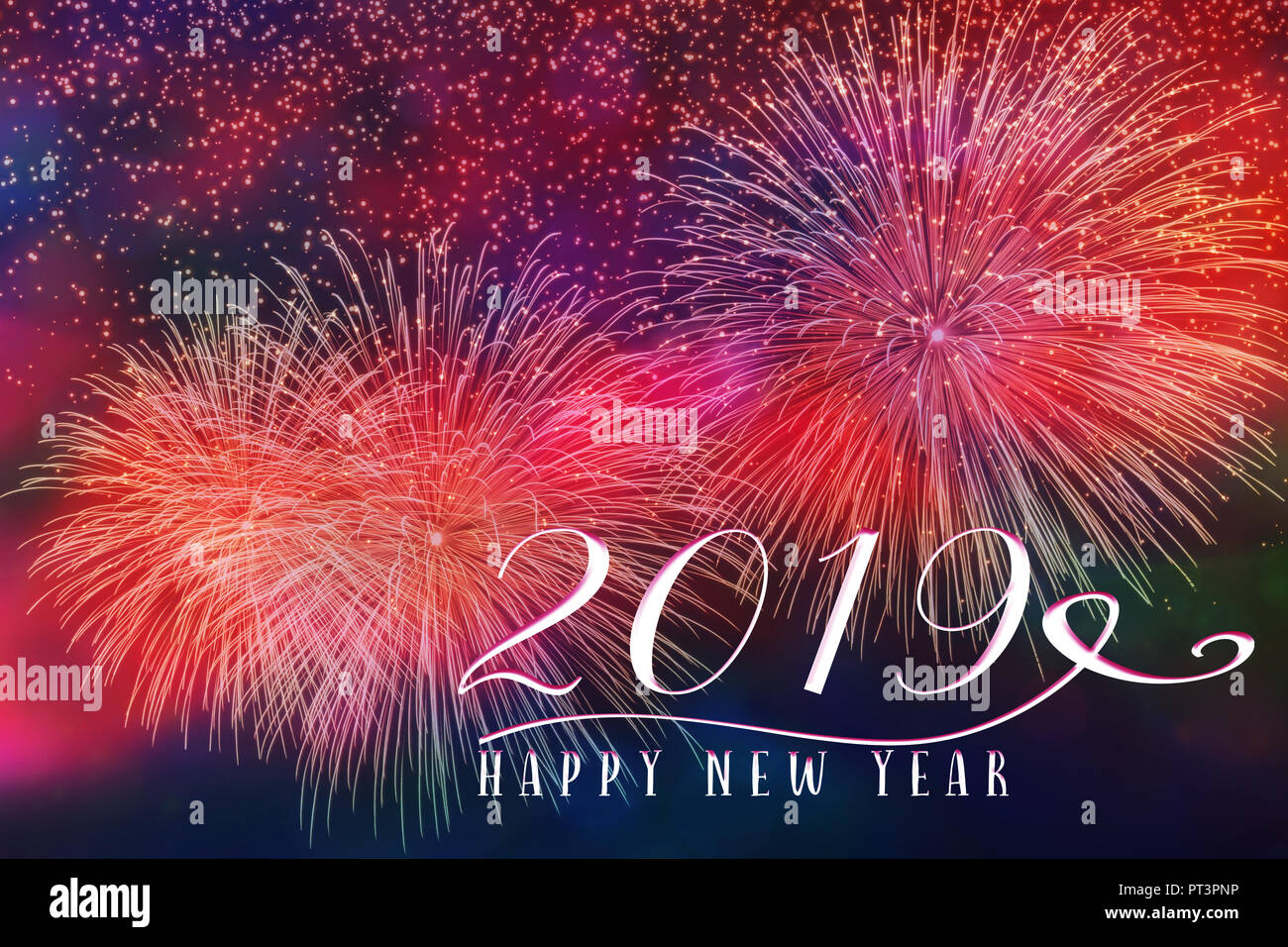 Anno nuovo Holiday 2019 sfondo con fuochi d'artificio e preventivo stagionali. Perfetto per i social media influenzatori e blogger. Foto Stock