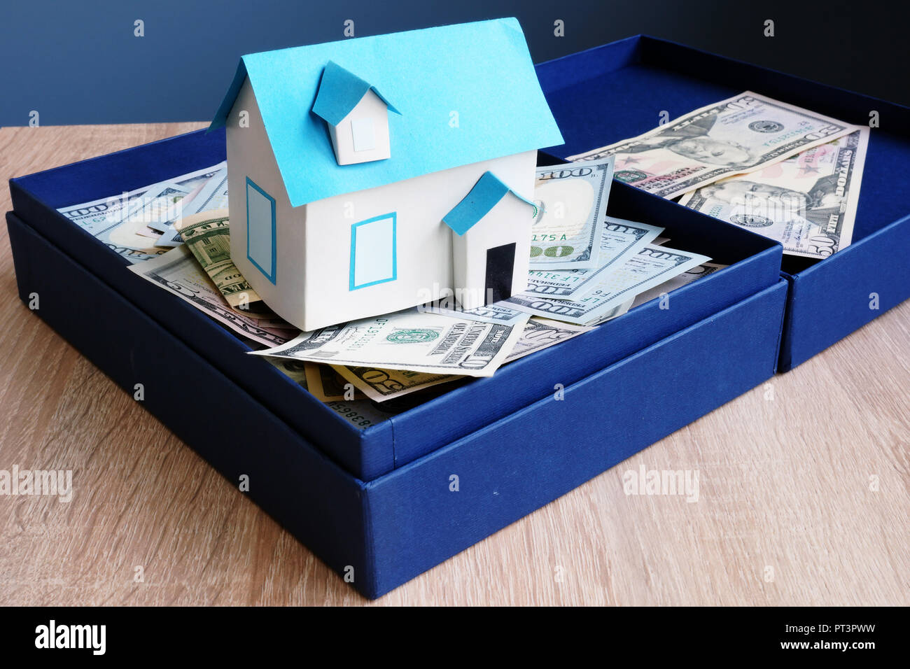 Modello di casa e la scatola con il denaro. Risparmi per gli acquisti o gli investimenti nel settore immobiliare. Foto Stock