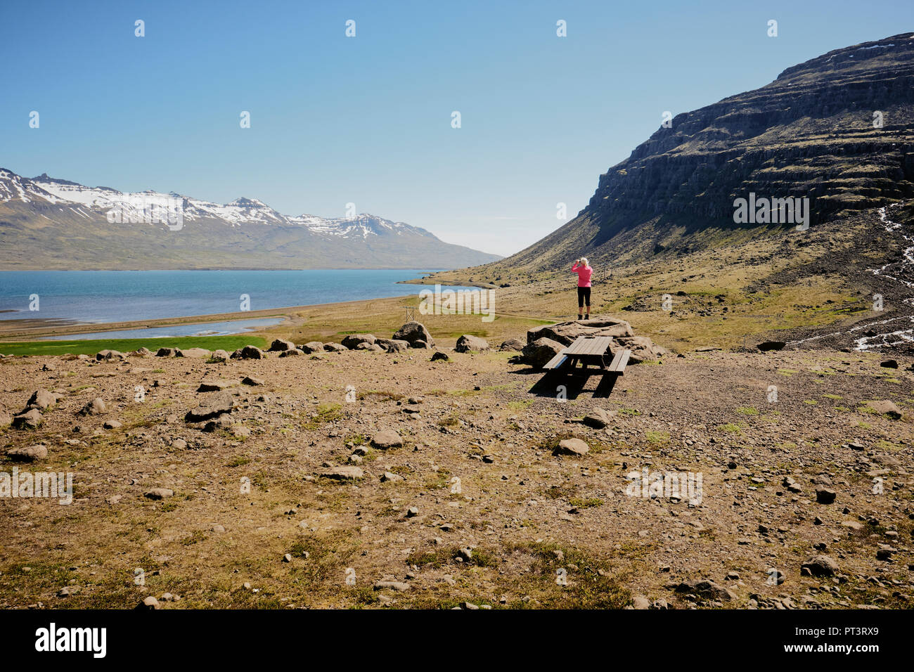 Un turista solitario in rosa in piedi l'aspro paesaggio dell'Oriente fiordi regione dell'Islanda. Foto Stock