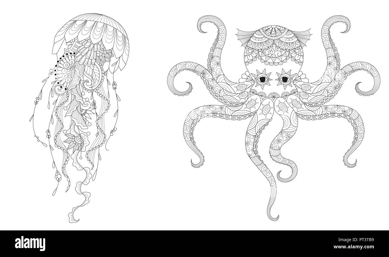 Set di meduse e octopus per la colorazione di pagina di libro per anti stress e di stampare sul prodotto. .Disegno a mano libera. Illustrazione Vettoriale. Illustrazione Vettoriale