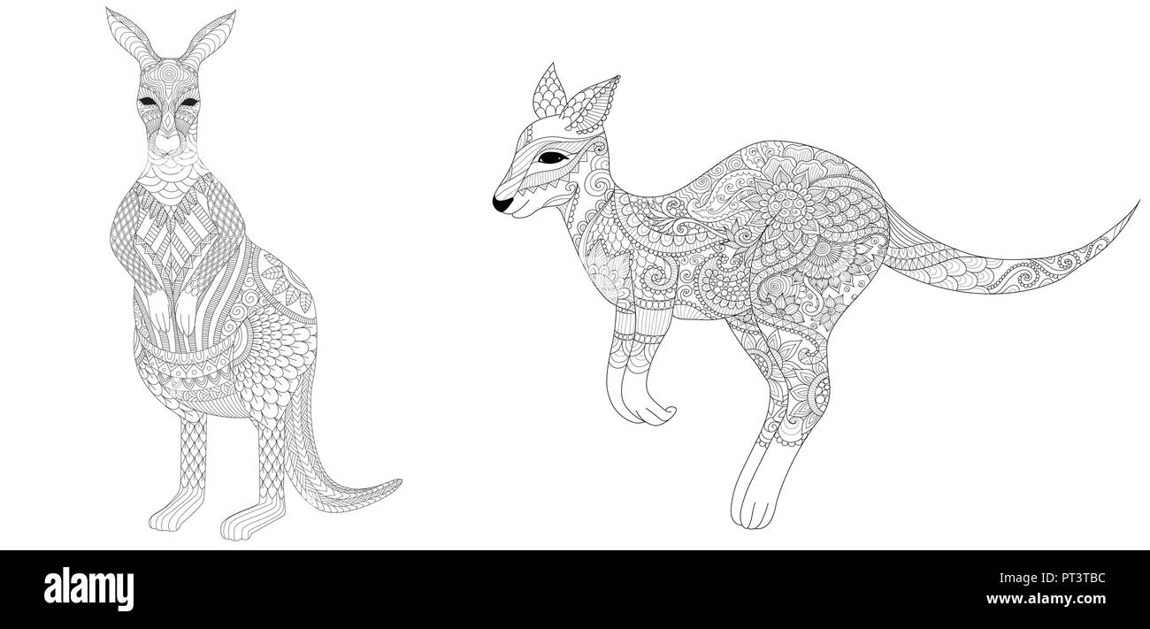 Set di zentangle canguri per la stampa e la colorazione degli adulti pagina del libro, illustrazione vettoriale Illustrazione Vettoriale