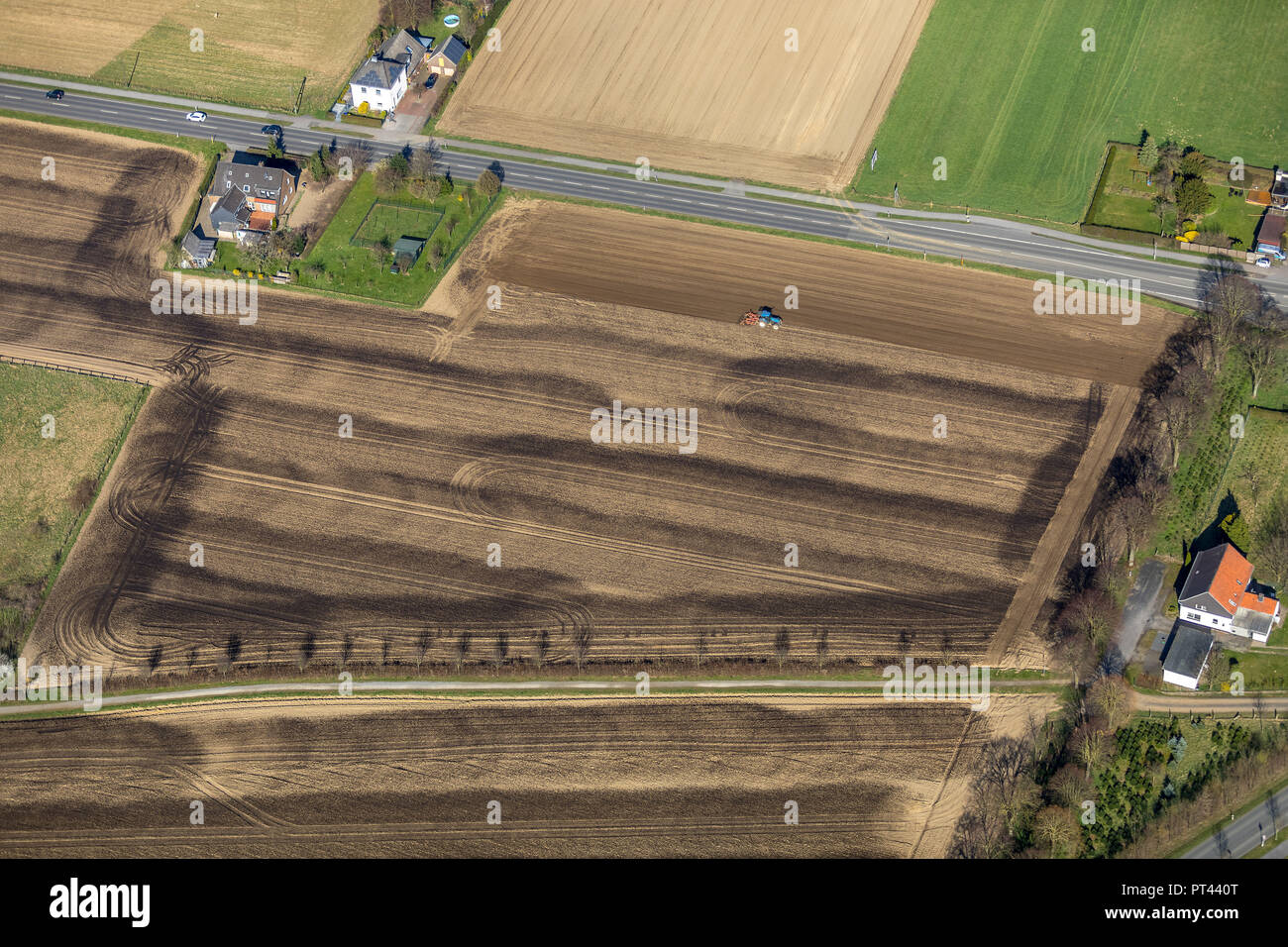 Agricoltore erpici concime su un campo di seguito Voerde, la zona della Ruhr, Nord Reno-Westfalia, Germania Foto Stock