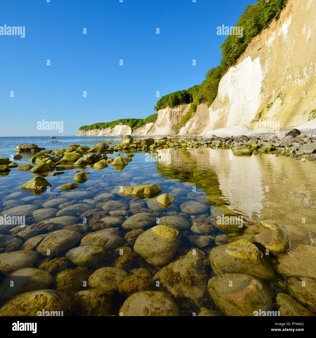 Germania, Meclemburgo-Pomerania, Rügen Isola, Jasmund National Park, spiaggia rocciosa di fronte al chalk cliffs, riflesso nelle acque del mar Baltico Foto Stock