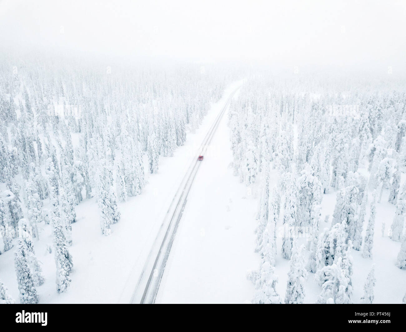 Vista aerea di auto lungo la strada innevata nella foresta ghiacciata, Pallas-Yllastunturi National Park, Muonio, Lapponia, Finlandia Foto Stock