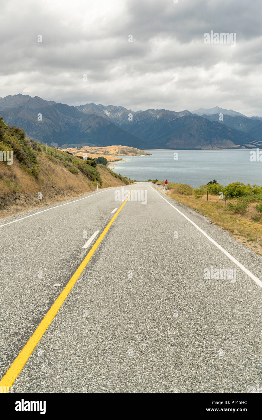 Lago Hawea Lookout, il collo, Queesnstown Lake District, regione di Otago, South Island, in Nuova Zelanda, Foto Stock