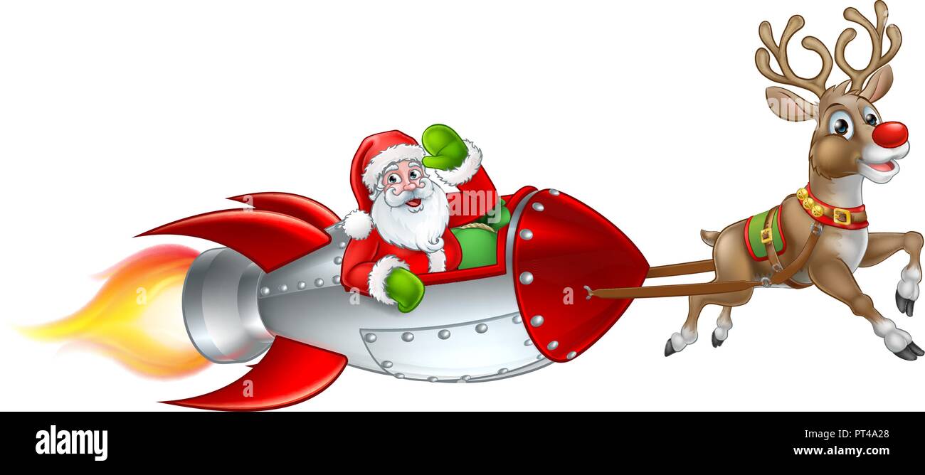 Santa Rocket Sleigh Cartoon di Natale Illustrazione Vettoriale