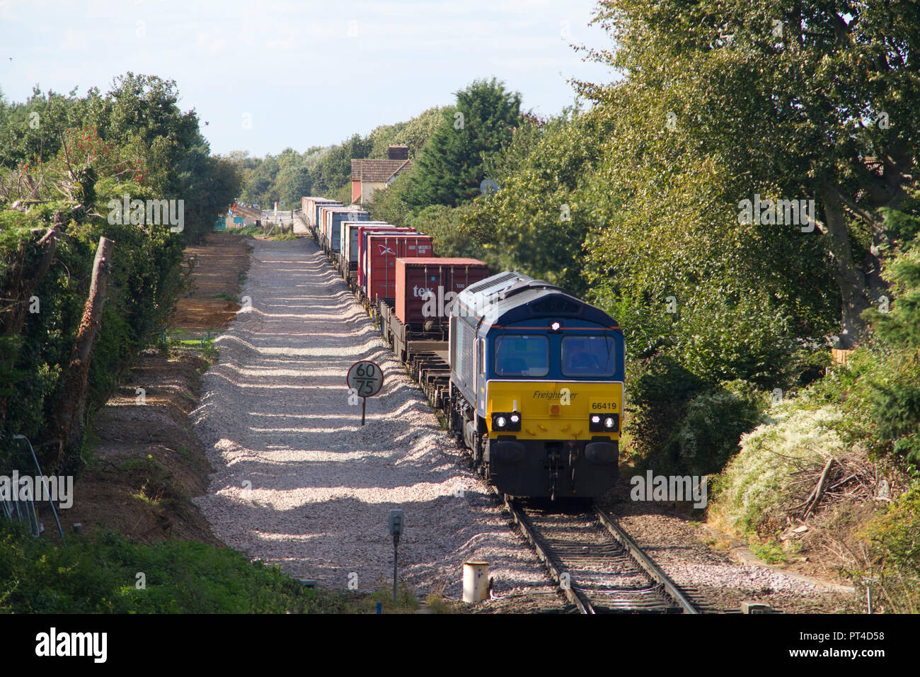 Una classe 66 locomotiva diesel numero di approcci 66419 Trimley sul Felixstowe ramo con un servizio Freightliner. Foto Stock