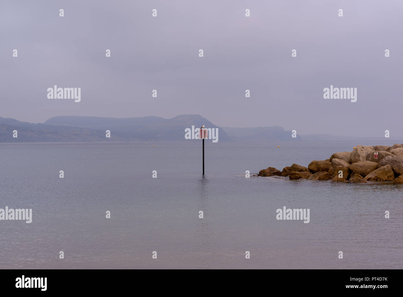 Calma e serena scena in una nebbiosa primi giorni di autunno a Lyme Regis, Dorset, Regno Unito Foto Stock