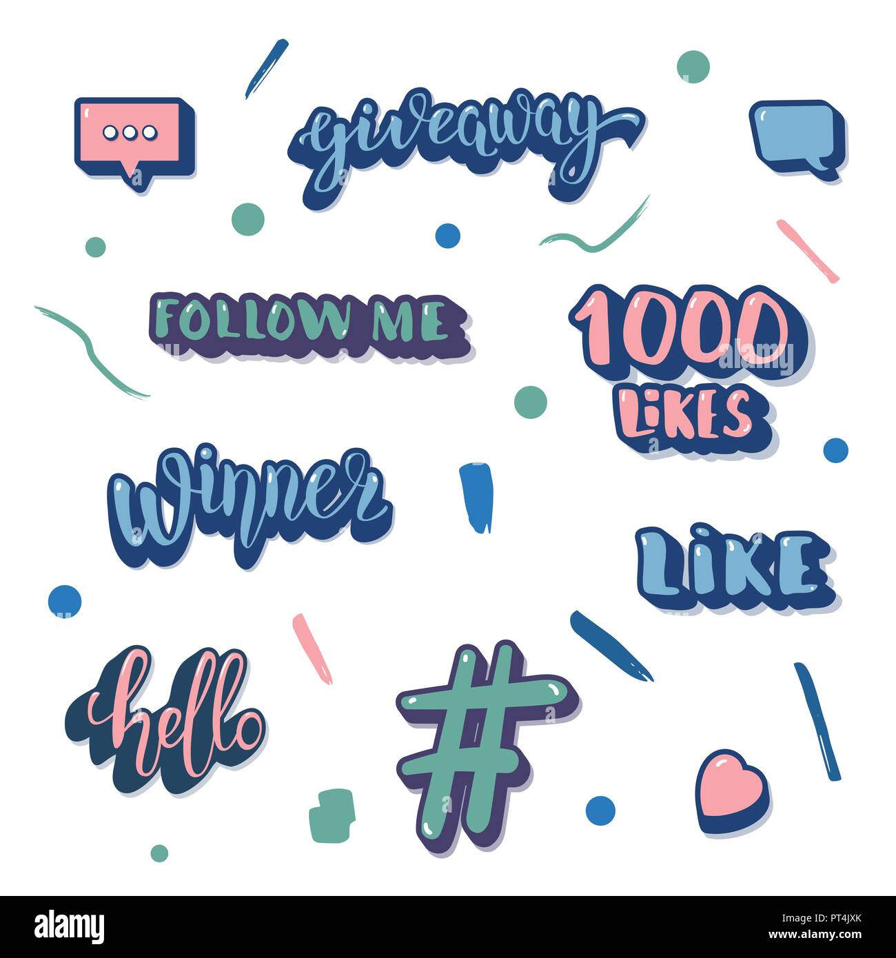 Set di social media le cose. Elementi per reti internet. Giveaway, vincitore, Follow Me, ciao, simili, 1000 ama, hashtag, discorso bolla indicazioni per p Illustrazione Vettoriale