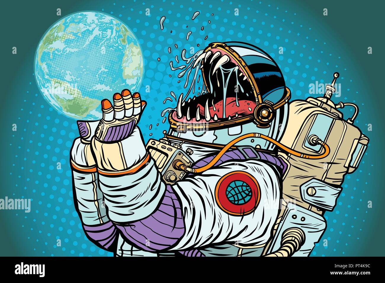 Astronauta monster mangia il pianeta terra. L'avidità e la fame dell uomo concetto. La Pop art retrò illustrazione vettoriale kitsch vintage Illustrazione Vettoriale