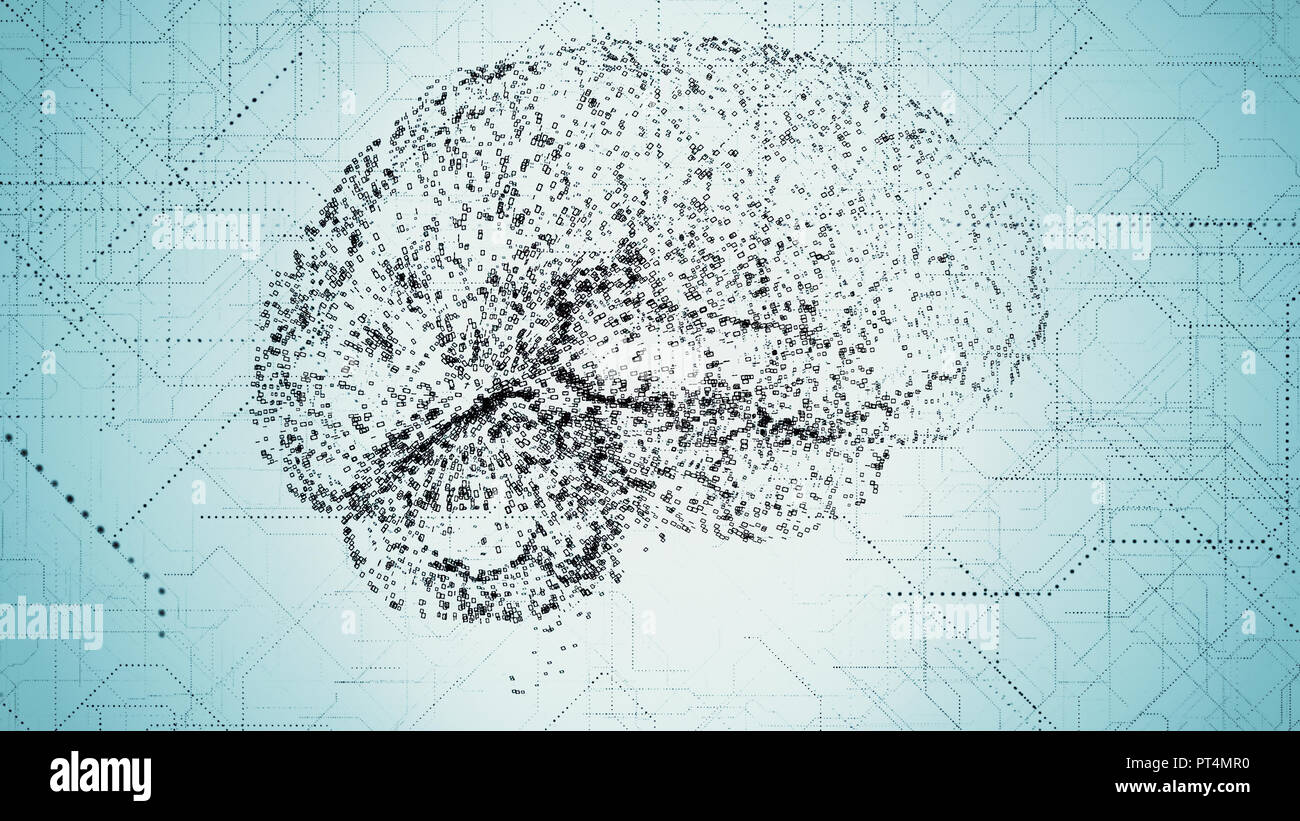 Digital di intelligenza artificiale blu scuro cervello compare in dati binari scan Foto Stock