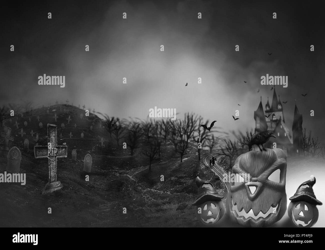 Haunted Hause con paura la strada ,scuro cimitero spaventoso fumo grigio chiaro su sfondo nero Halloween concetto horror Foto Stock