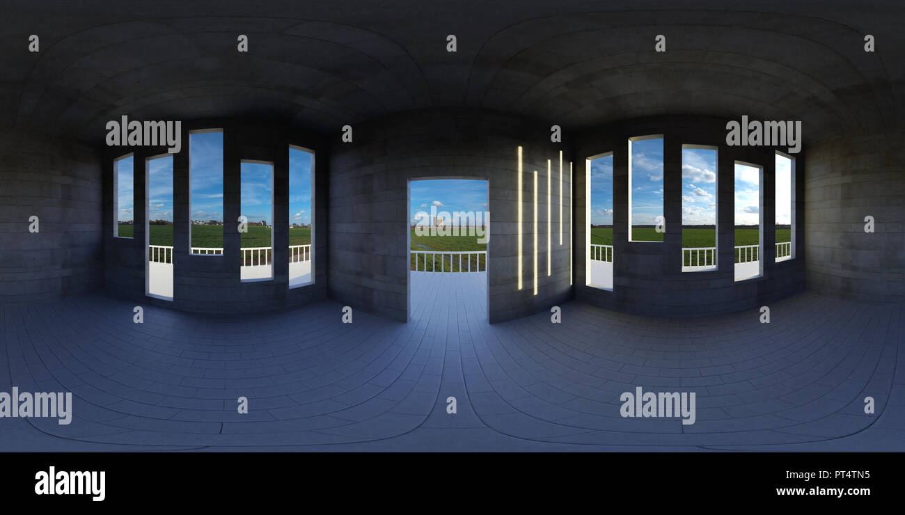 HDRI environment map, astratto panorama sferica sfondo, appartamento vuoto con vista panoramica (3D render equirettangolare) Foto Stock