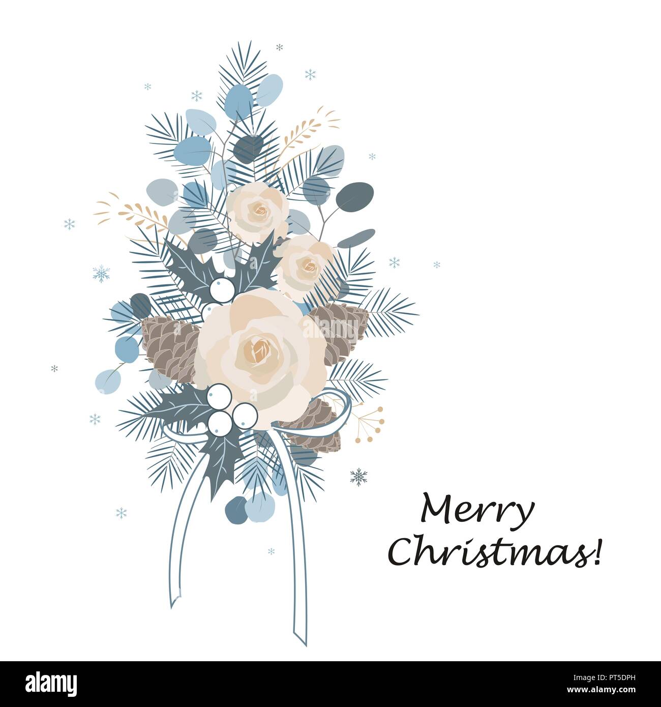 Bouquet di Natale disposti con eucalipto, rose, pigne, mix di piante e frutti di bosco. Natale design Illustrazione Vettoriale