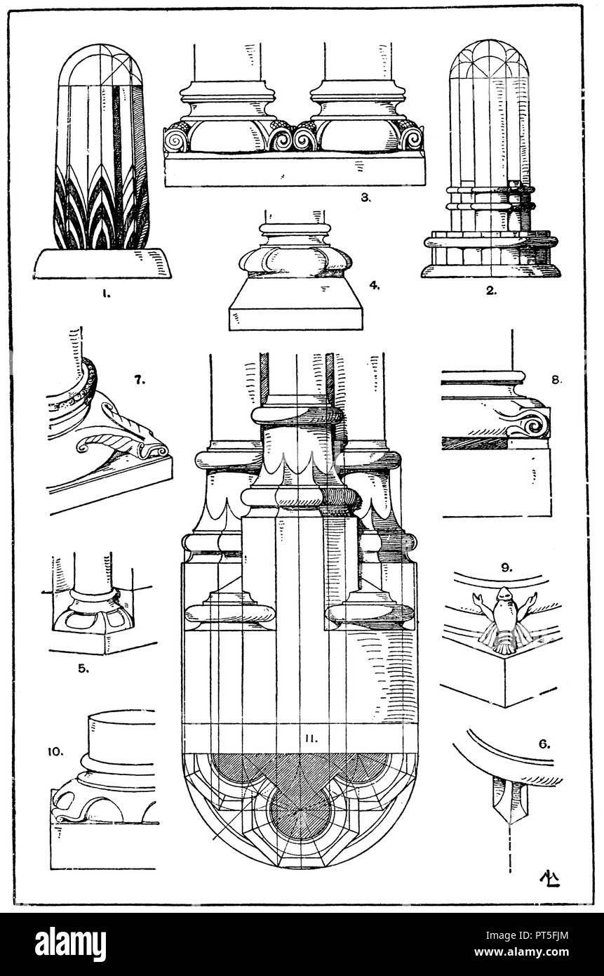 Piedini a colonna: 1. Base egiziana dal tempio di Thutmes III. Karnac. (Raguenet). 2. Base cinese. (Raguenet). 3. Il romanico doppia base dalla chiesa in Schwarzach. 4-6. Varie piantone medievale piedi. 7. Frontone romanica. 8. Base romanica della chiesa di San Remy zu Reims. (Raguenet). 9. Base romanica del monastero cistercense di Maulbronn. 10. Base romanica dell abbazia di le dame di Caen (Raguenet) 11. Base gotica della chiesa di Brou-Asn (Raguenet), ML 1918 Foto Stock